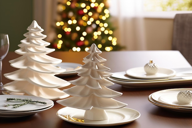 Árvores de Natal de cerâmica na mesa para decorar a véspera de Natal