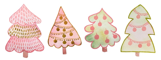 Árvores de natal de desenhos animados em aquarela Conjunto com decorações Ilustração desenhada à mão em cores verdes rosa