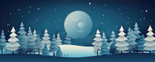 Árvores de Natal de inverno e estrela no céu com lua Ilustração Panoramana Generative ai