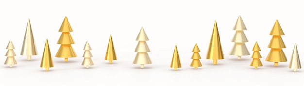 Árvores de Natal douradas 3d renderização Floresta de Natal geométrica abstrata em formas de cone de metal Decorações de ano novo ouro exuberante pinho e elementos de design de férias de abeto em fundo branco
