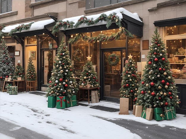 Árvores de Natal e lojas de ornamentos numa rua nevada