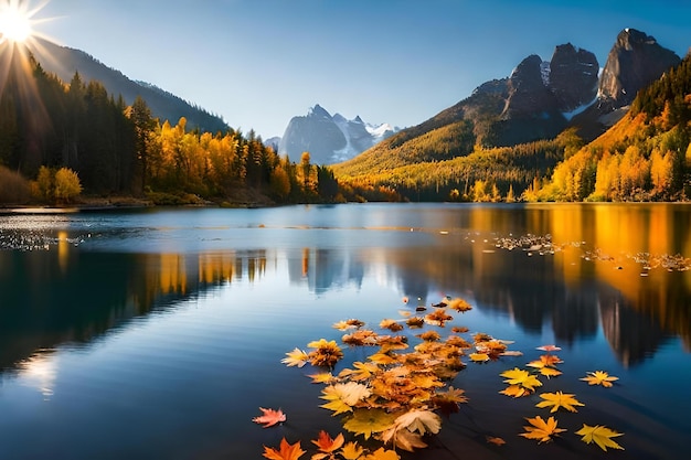 Árvores de outono e um lago com montanhas ao fundo