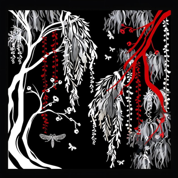 Árvores de salgueiro místico Desenho de bordas com libélula Deco Decoração de moldura de borda Arte de rabiscos