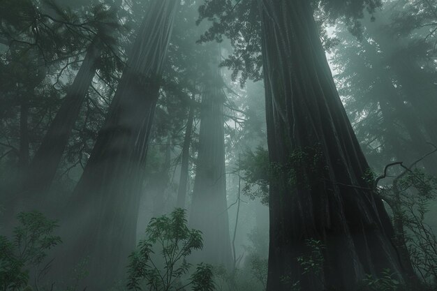 Árvores de sequóia em uma floresta nebulosa