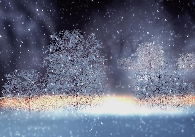 Árvores do parque da cidade de inverno cobertas por neve, lanterna de rua suave à noite, flocos de neve de luz quente