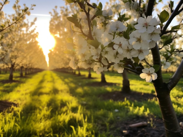 Árvores frutíferas em flor em um quintal