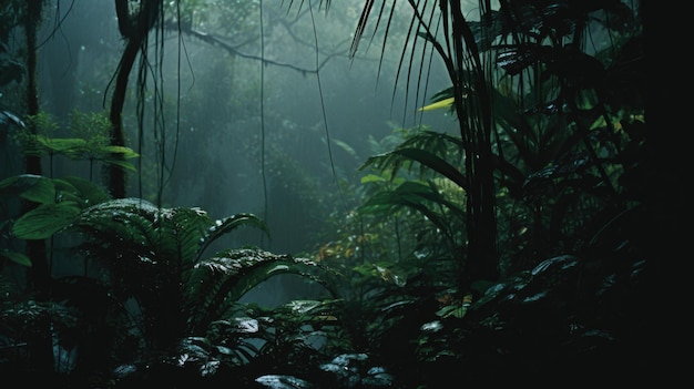 Árvores grossas da selva chuvosa serena e folhas pesadas