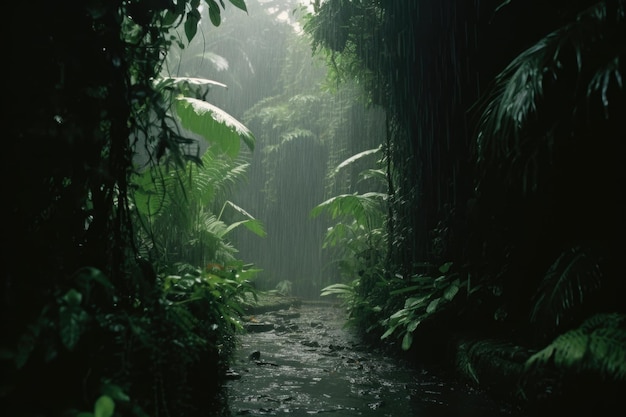 Árvores grossas da selva chuvosa serena e folhas pesadas