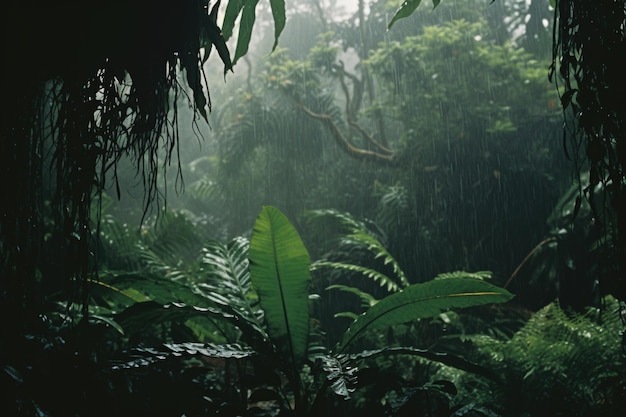 Árvores grossas da selva chuvosa serena e folhas pesadas