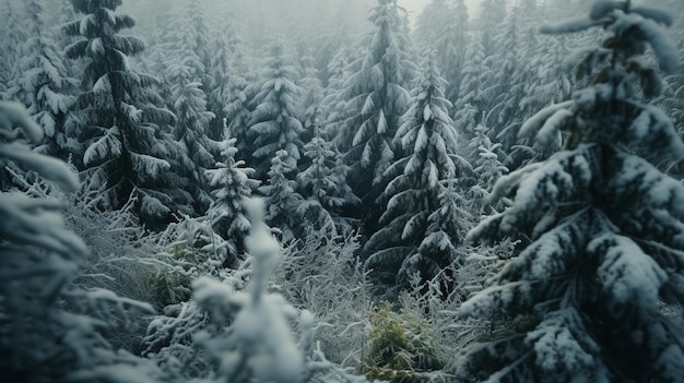 Árvores lindas cobertas de neve em uma floresta de inverno IA generativa