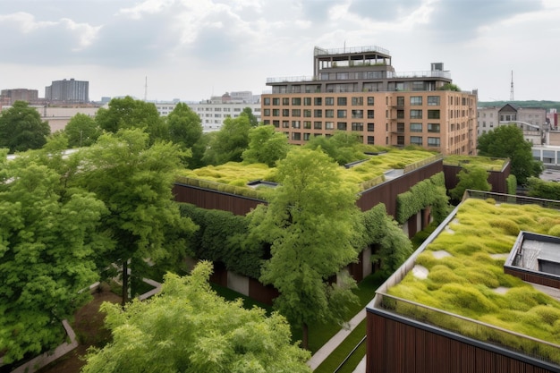 Árvores maduras imponentes e telhados verdes em um cenário de parque criado com IA generativa