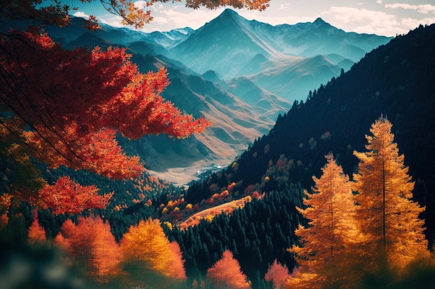 Árvores montanhosas no outono são montanhas coloridas no outono com um pano de fundo florestal