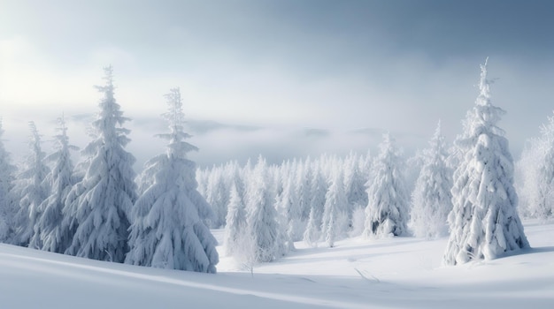 Árvores nevadas nas montanhas com um céu azul ao fundo