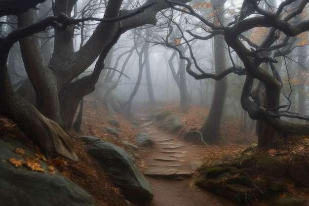 Árvores nuas ao longo de um caminho de floresta de outono Generative AI illustrati
