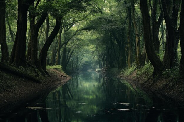 Árvores pitorescas do rio da floresta geram Ai