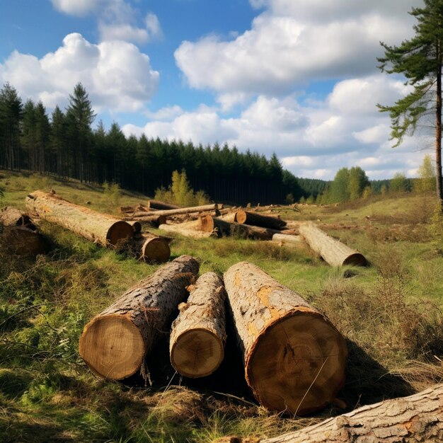 Árvores, troncos e pilhas de madeira na floresta para colheita de desmatamento e indústria de madeira gerada