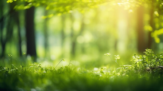 Árvores verdes desfocadas na floresta com grama