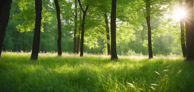 Árvores verdes desfocadas na floresta ou no parque com grama selvagem e raios de sol