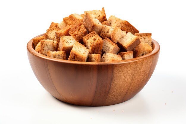 Rye-Croutons in einer Holzschüssel, isoliert, hausgemachtes braunes Brot, knusprige Brotwürfel, Haufen