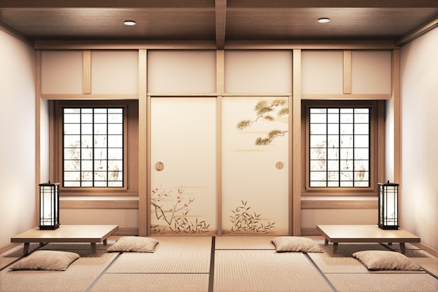 Ryokan im japanischen Stil auf Zimmer aus Holz Sehr schönes Design. 3D-Rendering