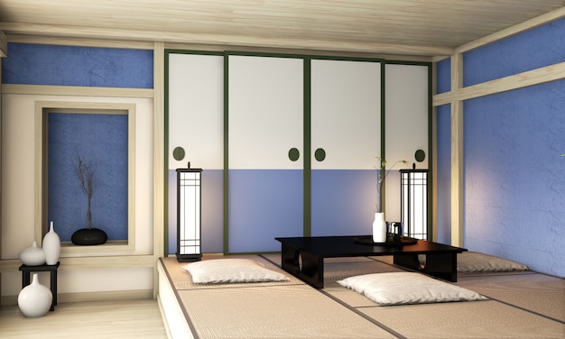 Ryokan quarto azul zen estilo muito japonês