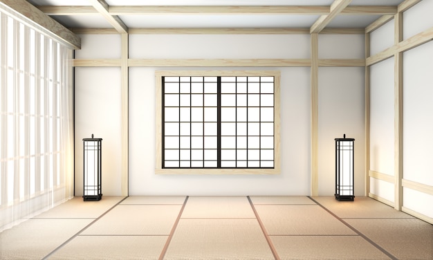 Ryokan-Raumleerer Zen sehr japanischer Art mit Tatami-Mattenboden. 3D-Rendering