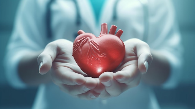 Ärzte halten ein rotes Herz in der Hand vor einem Krankenhaushintergrund, der von generativer KI erstellt wurde