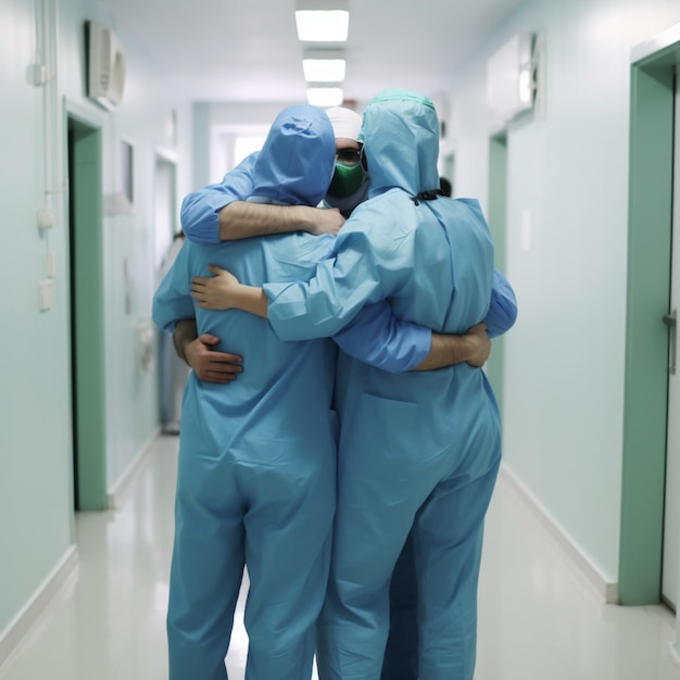 Ärzte in Schutzanzügen umarmen sich nach einem anstrengenden Arbeitstag im Flur des Krankenhauses