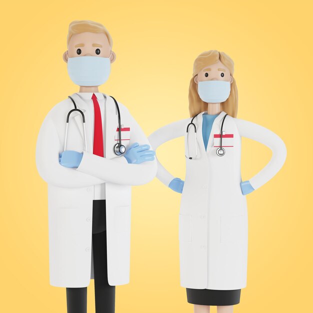 Ärzte Mann und Frau in Masken und Handschuhen 3D-Illustration im Cartoon-Stil