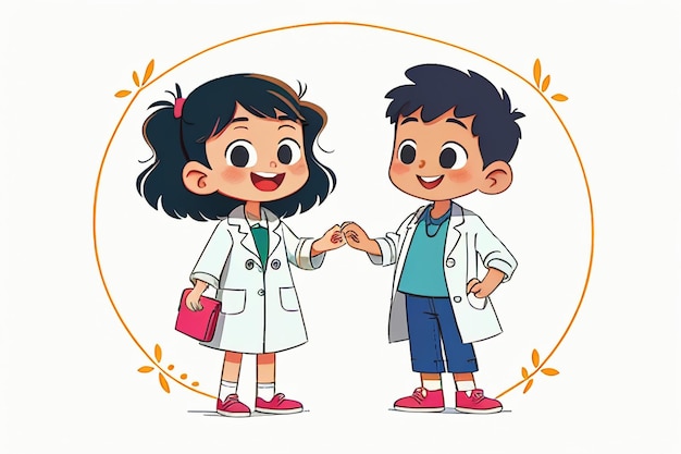 Ärzte und Kinder erklären den Inhalt der Wissensförderung im Cartoon-Anime-Hintergrund