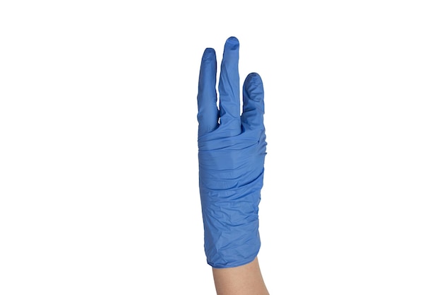 Ärztin, die blaue Styrylhandschuhe trägt und verschiedene Handgesten zeigt, die auf weißem Hintergrund isoliert sind Gesundheitskonzept Medizinische Versorgung im Krankenhaus