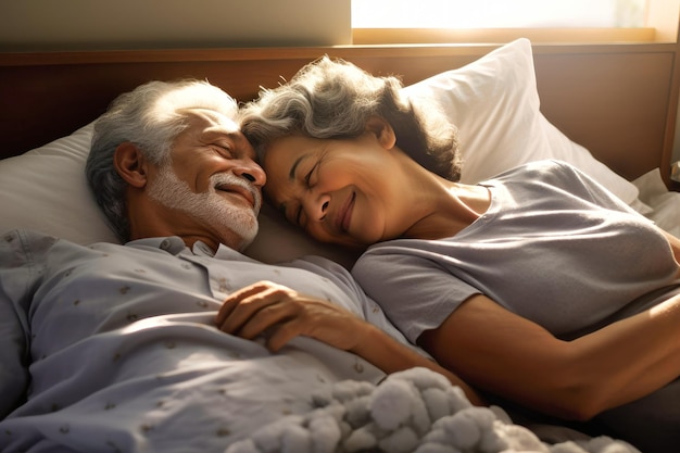 És a parte mais bonita da minha vida, um casal de idosos feliz, abraçados na cama, sentimentos românticos, amor.