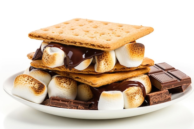 S'mores con malvaviscos, chocolate y galletas saladas aisladas sobre fondo blanco