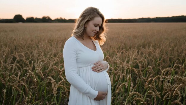 S mujer embarazada en el campo de cereales