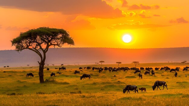 Foto la sabana panorámica al atardecer con rebaños de animales y árboles de acacia paisaje salvaje africano sereno