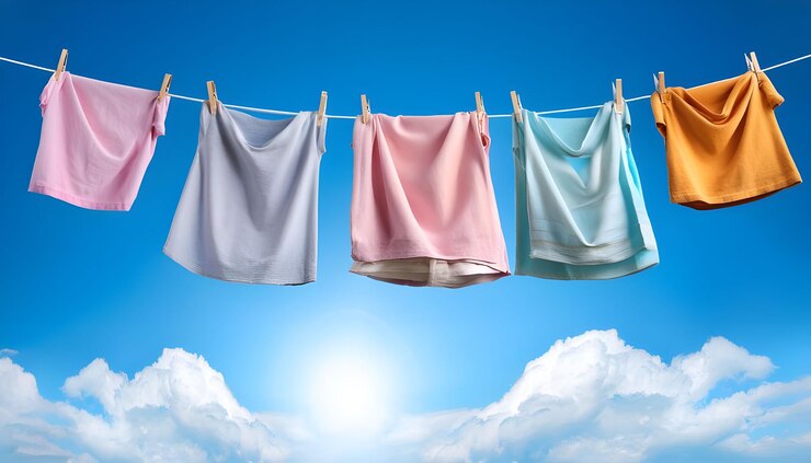 Las sábanas de colores pastel se secan en la cuerda de la ropa contra el fondo del cielo azul soleado Lavandería