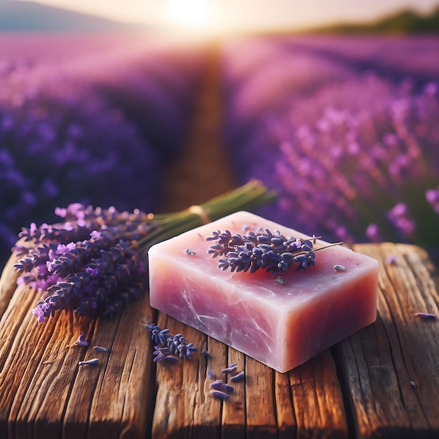 Foto sabão de lavanda contra o pano de fundo de um campo de lavanda pôr-do-sol em um campo de lavanda sabão de lavanda diy