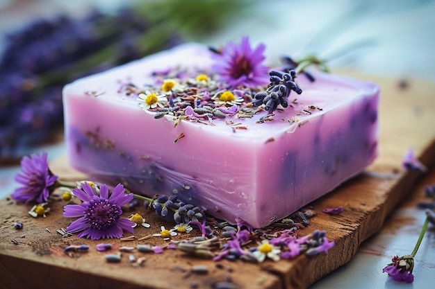 Sabão natural feito à mão com flores secas e lavanda