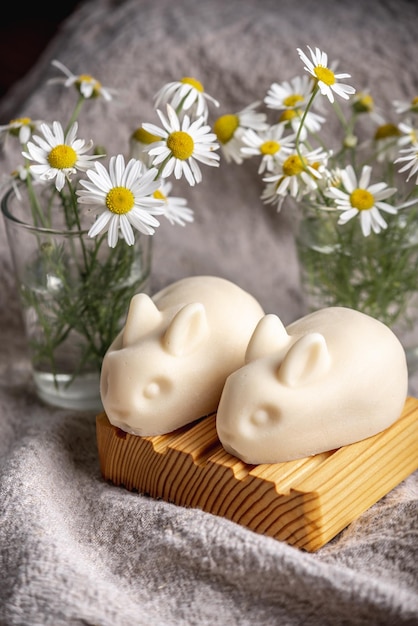 Sabão natural feito à mão em forma de coelhos fofos em um saboneteiro de madeira sobre um fundo de flores de camomila Conceito de usar produtos ecológicos para o cuidado da pele delicada do bebê