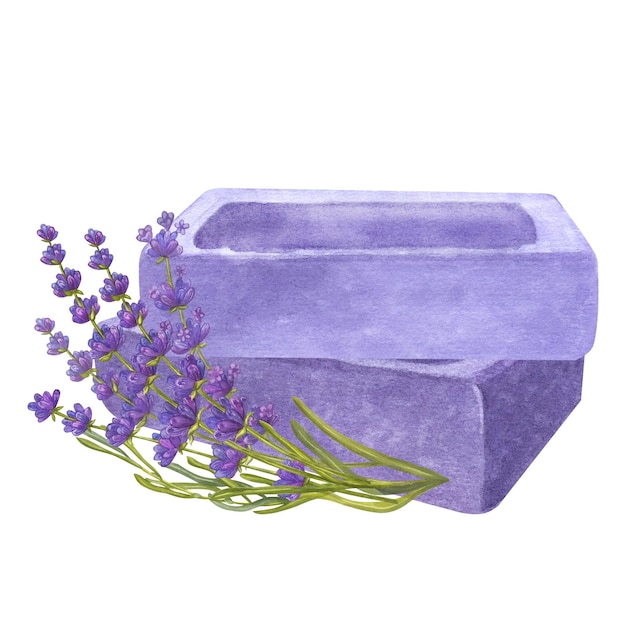 Sabão roxo, bouquet de flores de lavanda, banho de spa de aromaterapia, ilustração de aquarela isolada