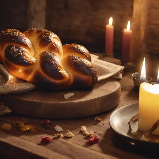Sabbath-Challah-Brot und Kerzen auf einem Holztisch