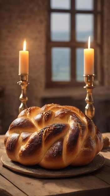 Sabbath feriado judaico challah pão e velas em mesa de madeira