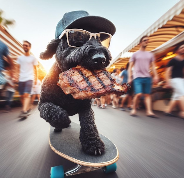 sabio terrier negro ladrón usar gorra gafas de sol escapar en el mercado de la calle patineta robado filete a la parrilla