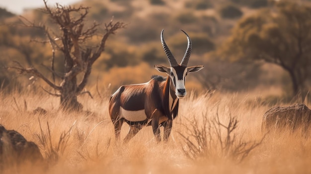 Sable-Antilope steht in der Savanne