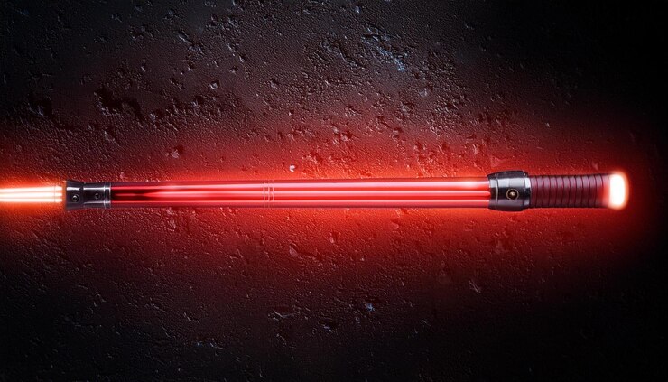 Foto un sable de luz rojo brillando contra un fondo de textura oscura