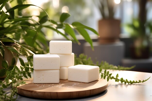 Foto sabões brancos na mesa perto da planta