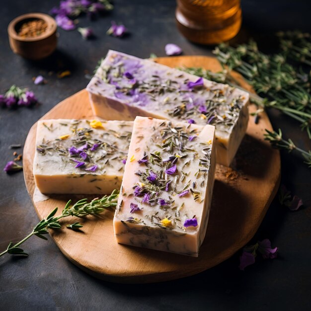 Foto sabón casero con ingrediente herbal de lavanda cosmético saludable