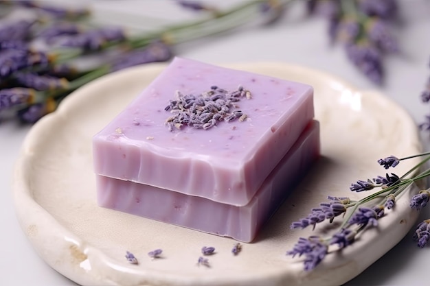 Sabonete artesanal de lavanda natural sobre fundo claro gerado por IA