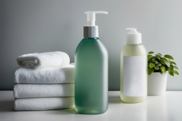 Sabonete líquido e xampu no banheiro produtos de cuidados pessoais e saúde Generative AI