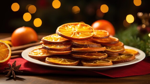 sabor da temporada de férias com um cenário festivo de Natal com fatias tradicionais de laranja caramelizadas com um toque de especiarias